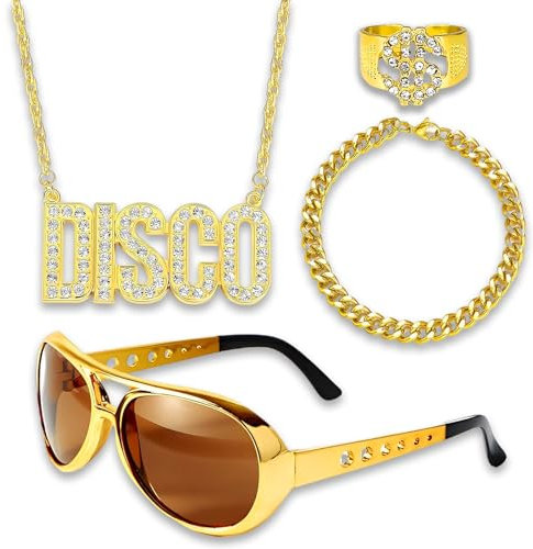 Scinzene 4 Stück Zuhälter Kostüm Set, Gangster Goldkette Herren & Brille Gold Dollar Ring Armband, 70er 80er 90er Hustler Rapper Hiphop Kostüm Zubehör, Für Halloween Fasching Karneval Mottoparty