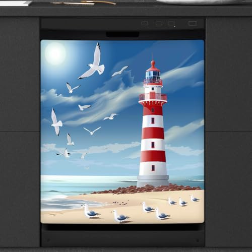 Mexpekil Ocean Lighthouse Möwe Geschirrspüler-Magnetabdeckung, 58,4 x 66 cm, dekorativ, wasserdicht, Geschirrspüler, magnetischer Aufkleber für Küchengeräte