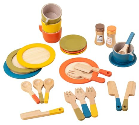 quiodok Kinderküche Zubehör Teeservice Kinder Holz Küchenset Rollenspiel Holzspielzeug Geschenk Kinderküche Geschirr Kindergeschirr Spielküche für Jungen Mädchen ab 3 4 5 6 Jahren