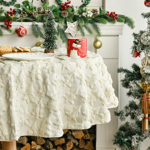 Artoid Mode Weich Künstliche Pelz Weiß Kiefern Bäume Weihnachten Tischdecke Rund 140 cm, Winter Xmas Plüsch Tischwäsche Wohnzimmer Dekoration Party