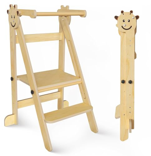 Foldable Toddler Tower - Learning Tower Toddler Step Stoot with Non-Slip Design, Kitchen Stool for Kids with 3-Level Adjustable Height & Safety Rails, Montessori Wooden Step Stool for Bathroom