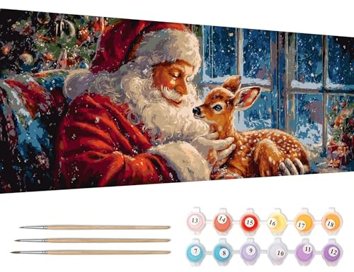 Reofrey Pintura por números adultos grande XXL Navidad – DIY kits de pintura al óleo pintada a mano Papá Noel lienzo 30 x 80 cm, con pincel y pintura acrílica – Pintura por números para niños
