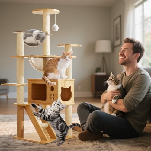 PETCUTE Rascador para Gato,Árbol para Gatos de Madera,Torre de Gato con Cápsula Espacial,Postes Rascadores, 2 Plataformas,1 Cueva, 1 Pompones,Escalera,Muebles para Gatos
