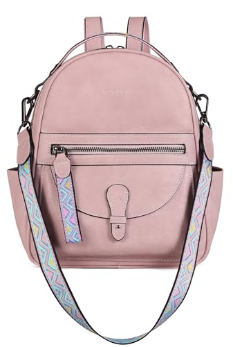 FADEON Mini-Rucksack für Damen, Designer-Leder, niedlich, geräumig, klein, Damen-Schulterrucksack, modische Handtasche, Pinker Retro-Stil, Small