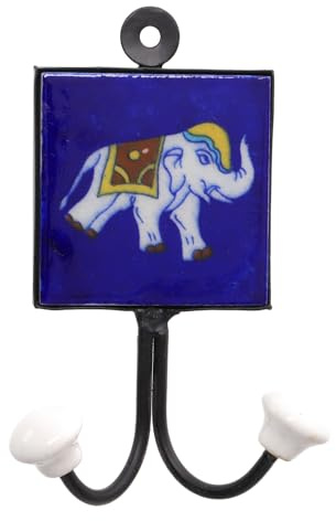 GURU SHOP Doppelwandhaken, Garderobenhaken mit Keramikfliese, Modell 2 | Handgefertigte blue Pottery, indische Keramik, Maße: 8x8 cm, einzigartiges Design, einfache Montage