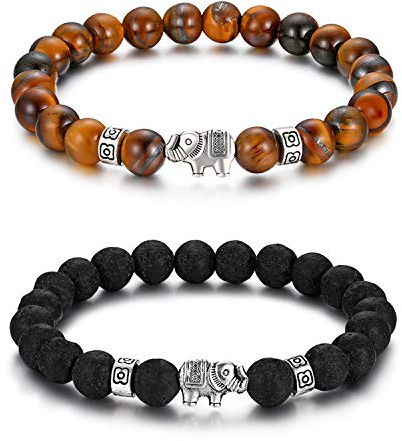 Flongo Energie Armband Yoga Kugelkette, Energiearmband Energie Armband Tiger-Auge Lava Silber Braun Schwarz Elefant Gebet Mala Perle Perlen Herren,Damen