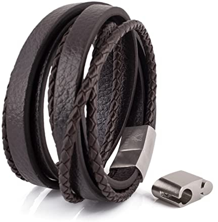 Akitsune Dark Matter Synthetisches Lederarmband | Magnetverschluss aus Edelstahl - Geflochtenes Männer Herren Armband inkl. schöner Schmuckschachtel - Silber-Braun - 19cm