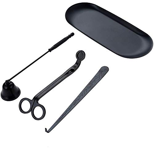 Candle Accessory Set - 4Pcs Care Tools Include Wick Trimmer, Dipper, Snuffer and Storage Tray Plate for Candle Lovers (Black)