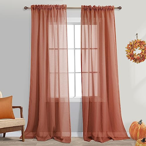 Terrakotta-Vorhänge, halbtransparent, 213 cm lang, für Wohnzimmer, 2 Paneele, Stangentasche, Fensterdekoration, Kunstleinen, lichtfilternd, strukturiert, rostrot, Vorhänge für Schlafzimmer, 132 x 213