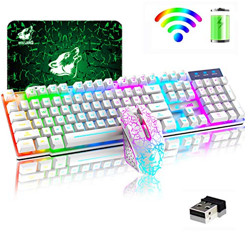 Wireless Rainbow Backlit 2.4G Rechargeable Mechanical Feel 104 Keys Gaming Keyboard + 2400DPI 6 Buttons Optical Rainbow LED Gaming Mouse + Free Mouse Pads for PC Laptop