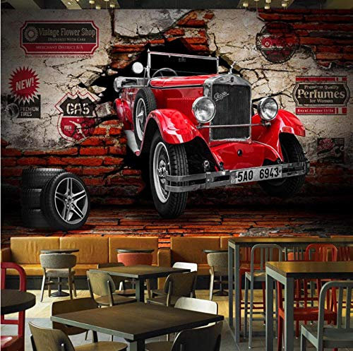 Papier Peint 3D Rétro Style Industriel Rouge Voiture Photo Mural Effet Mur Géant Photos Moderne Intissé Décoration Murale Trompe l’Oeil Revêtement Panoramique Tapisserie XXL, 350 x 256 cm