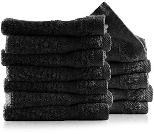 Hearth & Harbor 100% Ring Spun Cotton Washcloths 12 Pack - Washcloth for body and face, High Absorbent and Soft 33x33 cm Body Wash Cloth, Quick Dry - Black Washcloths