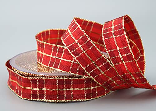20 m x 25 mm Karo Weihnachtsband ROT GOLD (151) mit Lurex Drahtkantenband Dekoband Geschenkband Schottenkaro Glanzband Goldkante Draht Schleifenband Winter Christmas Check