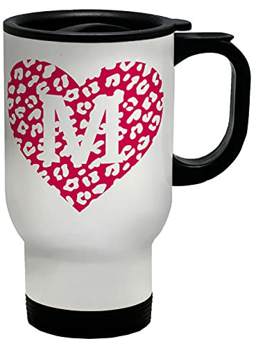 Shopagift Personalised Leopard Print - Pink Heart and White Text Travel Mug Cup