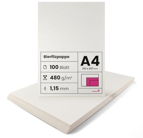 Netuno 100 feuilles de feutre de bière A4 210x 297 mm 1,15 mm (480g) carton à bière idéal pour sous-bocks dessous de verre passe-partout travaux manuels travaux de reliure puzzles jeux de société