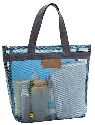 Pebipoo Mesh Shower Caddy Bag, Quick Dry Portable Tote Bag and Inner Pocket, Lightweight Bath Organizer for College Dorm Bathroom, Swimming, Gym, Beach, Travel (Blue)