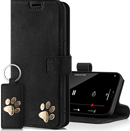 SURAZO Prestige Handyhülle für Samsung Galaxy S22 Ultra 5G – Echtleder Hülle mit Pfote Motiv – Wildleder Klapphülle mit Standfunktion, Kartenfach, Schlüsselring - Handmade RFID Schutzhülle (Schwarz)