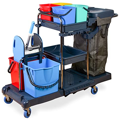 Hypafol Profi Putzwagen mit 100l Leinensack I Praktisches Reinigungsset mit 2x18l & 4x5l Eimern I Stabile Mopp-Presse & Halterung für Besen & Lappen