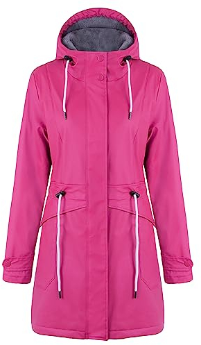 rhythm of the rain Regenjacke Damen mit Warm gefüttert Winterjacke Damen wasserdicht PU Regenmantel Friesennerz übergangsjacke mit Kapuze Rose 40
