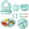Hoidokly Vajilla Bebe Silicona con Ventosa Plato Cuenco Cuchara Tenedor Tazas Babero Set sin BPA,8 Piezas Antideslizante Compartimentos Aprendizaje Kit Vajilla para Infantil Niños(Verde)