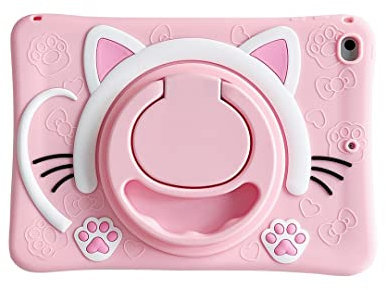 Coque pour iPad Mini 6, CrazyLemon Kawaii Cartoon Cute Anime Character Pattern Housse de Protection Silicone Souple Support de Tablette Rotatif à 360° - Chat Rose