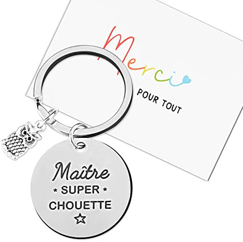 Porte Clé Cadeau Maîtresse Maître d’école en Acier Inoxydable Texte à Deux Côté pour Enseignant Fin d'année Scolaire Graduation Noël Remerciement avec Carte Voeux Enveloppe (Maître super chouette)