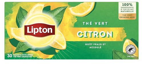 Lipton, Thé Vert, Thé Vert Origine Asie, Infusion à Froid ou Chaud, Goût Citron, Bien Etre, Ingrédients d'Origine 100% Naturelle, 30 sachets
