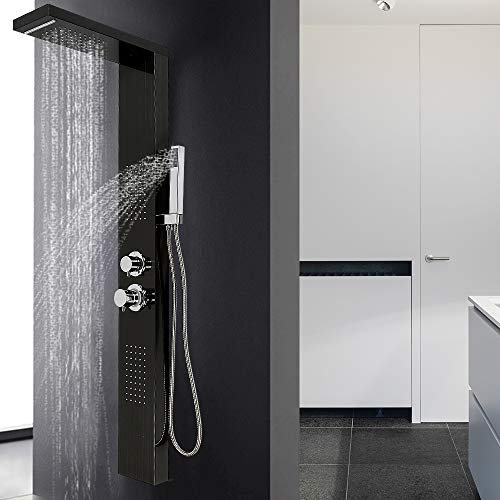 Colonne de Douche à Montage Mural Pulvérisateur, Panneau de Douche Acier Inox, Colonne de Douche Hydromassante avec Mitigeur et Buses Massants (15 * 47 * 130cm-noir)