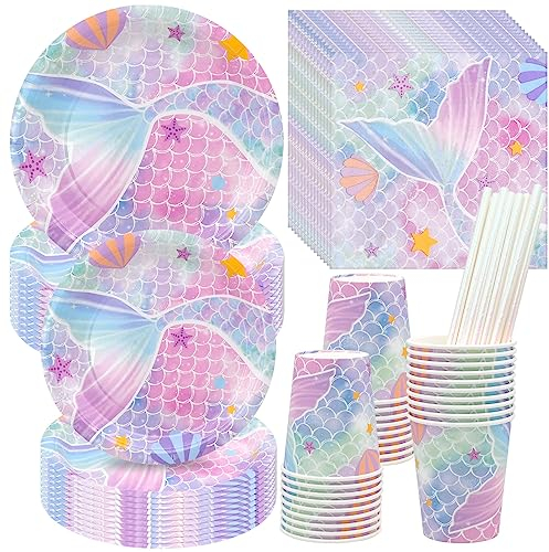 Cisolen 80 Stück Meerjungfrau Partygeschirr Meerjungfrau Partyzubehör Set Meerjungfrauen Geschirr Set Kindergeburtstag Themenparty Baby Shower Party Hochzeit Weihnachten