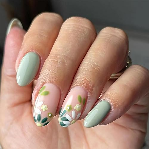 RYMAUP® Lot de 24 faux ongles en forme d'amande, taille moyenne, avec motif floral, pour femme, tête ronde vert laiteux avec armure, fleur fraîche