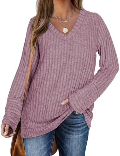 DUOEASE Pull Femme Hiver Col en V Casual Sweatshirts Manches Longues Léger Top(Rose,2XL)