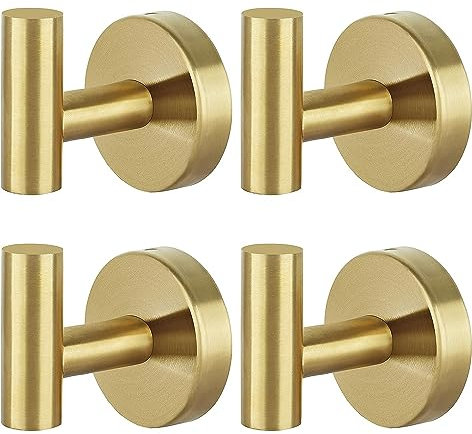 QNIIAED 4 Pcs Bathroom Towel Hook,Screw in Metal Coat Robe Hook SUS 304 Stainless Steel Heavy Duty Wall Door Hanger for Bathroom Kitchen Garage Home Hotel Office(Brushed Brass Gold)