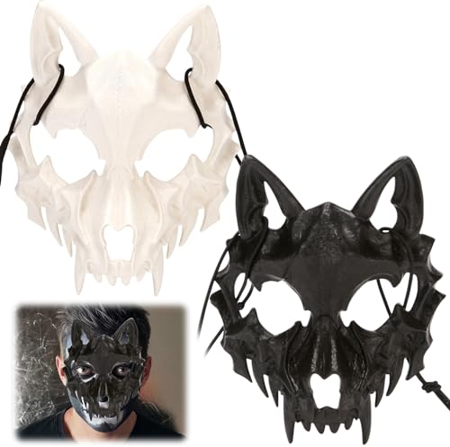 Japanische Halloween Maske, 2 Stück Werwolf Cosplay Skull Mask, Schwarz Weiß Halbgesichts Terrifier Maske, Anime Maske Therian Mask Lustige Masken, Halloween Kostüm Party Dekorationsmaske (B)