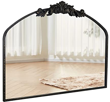 CASOLLY 91,4 x 73,4 cm Vintage schwarz gewölbter Spiegel mit antikem Barock-Kaminspiegel mit schwarzem Pinsel, goldfarbenem Metallrahmen, kunstvoller Wandspiegel für
