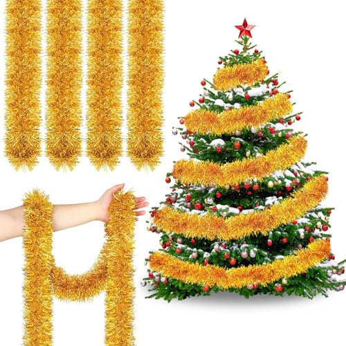 Weihnachten Gold Lametta Girlande, 50Ft JULMELON Xmas Tree Decorations Christmas Metallic Twist Garland Ceiling Hanging Decorations for New Year Party Birthday Holiday Indoor Outdoor Supplies