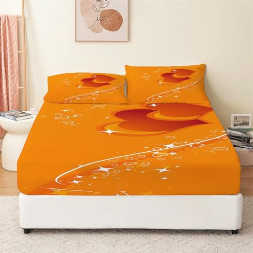 Spannbettlaken 90x200 cm mit 2 Kissenbezug Orange Love Heart Muster Bettlaken, Weich Mikrofaser Matratzenschoner Spannbetttuch, Tiefe Tasche 30cm Orange Farbe Spannbettlaken für Boxspringbett