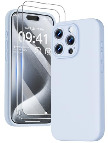 GOODVISH 3 in 1 Case for iPhone 15 Pro Case, [2X HD Screen Protector][Upgraded Camera Protection] Shockproof Liquid Silicone Soft Microfiber Lining Smooth Protective Phone Case Cover 6.1, Blue Gray