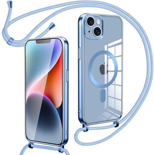 Oelrstfe Funda Transparente con Cuerda para iPhone 14,Carcasa Magnética Suave Silicona Case Antichoque con Correa Colgante Ajustable Collar Correa de Cuello Cadena Cordón para iPhone 14,Azul