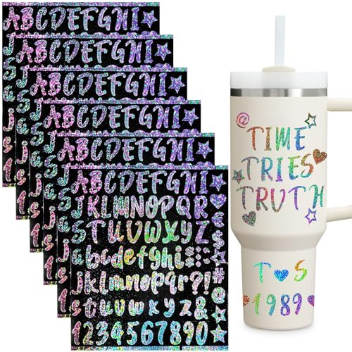 AIERSA Letter Stickers for Stanley Cups, Vinyl Alphabet Stickers to Persoanlize Your Cups, Waterproof, Holographic, 6 Sheets