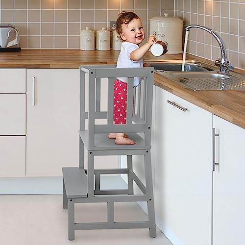 COSYLAND Lernturm für Kinder - Natürlicher Bambus, Stylisch Mit Kippschutz, Höchste Sicherheit, Montessori Ab 1 Jahr für Küche, Tisch, Bad (Grau)