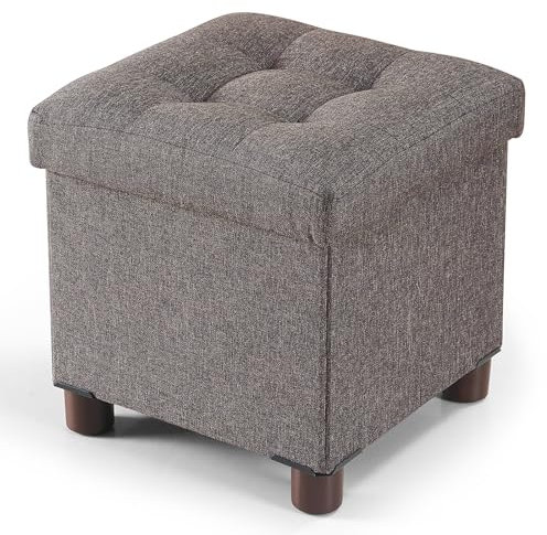 BRIAN & DANY Small Ottoman Storage Box 32x32x32.5cm, Linen Foot Stool with Wood Legs, Footstool with Lid for Livingroom Bedroom, Brown