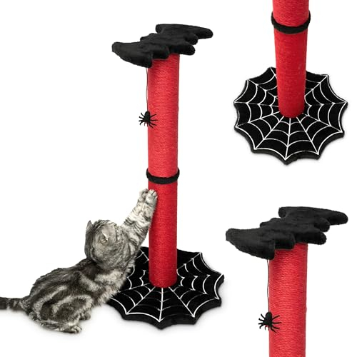 Gothic Cat Scratching Post, 34 inch with Sturdy Spider Web Floor Foundation and Bat Shaped Top with Spider Toy, Halloween Cat Scratcher, Cat Scratchers for Indoor Cats, Black and Red from Littlesy