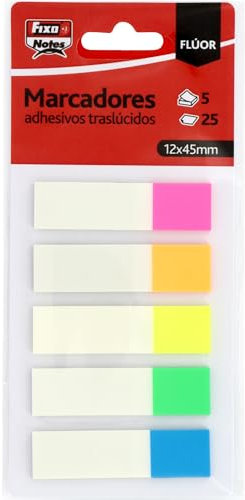 Fixo Notes | 125 Marcadores Adhesivos de Plástico Traslúcidos y Reposicionables | 12x45mm | Colores Flúor | Escribir con Lápiz o Boli | Resistentes al Agua | Perfectos para Estudiantes