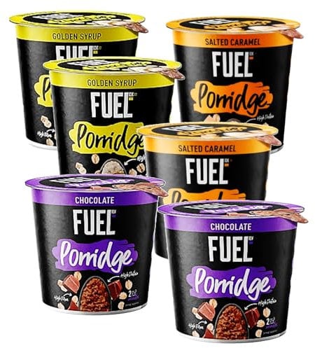 High Protein & Fibre Porridge Pots Variety 6 Pack Bundle - Delicious Instant Breakfast with Fuel 10K Porridge Pots Syrup, Chocolate, and Salted Caramel Flavours - Quick, Nutritious, Convenient
