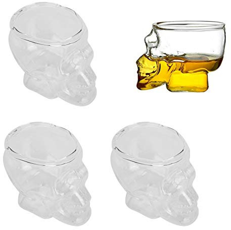 JOROBURO Lot de 3 Chopes à Bière en Verre avec Tête de Mort, 75 Ml, Tasse en Verre en Forme de Tête de Mort, Tasse à Vin, Bière, Boisson, Récipient à Vin, Verre à Vin en Forme de Crâne