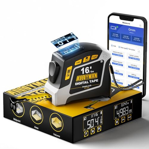 Alloyman Metro a nastro digitale, 2 in 1, 5 m, con 50 posizioni, 6 unità, 4 modalità di misurazione, blocco automatico, gancio magnetico regolabile, impermeabile, antiurto e sincronizzazione app