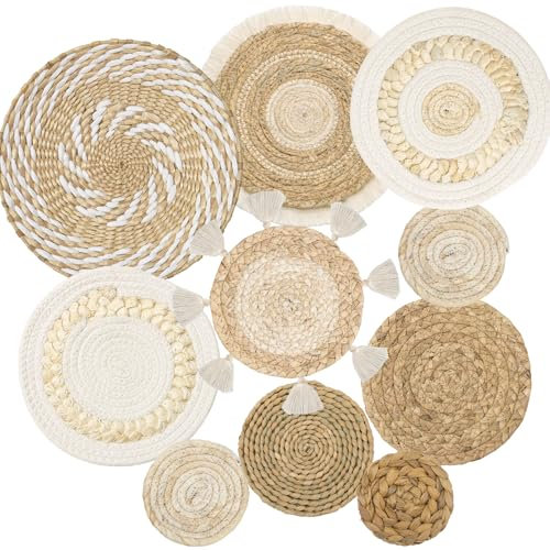 Weldomcor 10 Piezas Decoración de Cesta Tejida de Mimbre Pared Bohemia Cestas de Pared de Ratán para Decoración de Estar Dormitorio Comedor Oficina