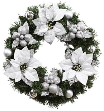 KIMODO 11.8inch Small Christmas Wreath For Front Door Artificial Greenery Spruce Wreath With 3 & Glittering Xmas Ornaments Holiday Home Wall Door Wreath Year round (Silver, A)