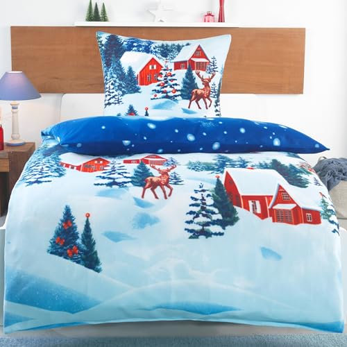 BaSaTex Warme Winter Flausch Bettwäsche 135x200 2tlg Set | 100% Mikrofaser Thermo Fleece | Weihnachtliche Winterlandschaft | Design: 03 - Winterland Hütte