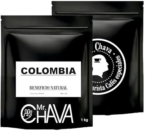 MR. CHAVA Pack Café Selección Brasil-Colombia-Costa Rica-Etiopía | Café de Especialidad | En Grano | Tueste Natural y Artesanal | Paquetes de 250gr | 4 Packs de 250g, Colombia